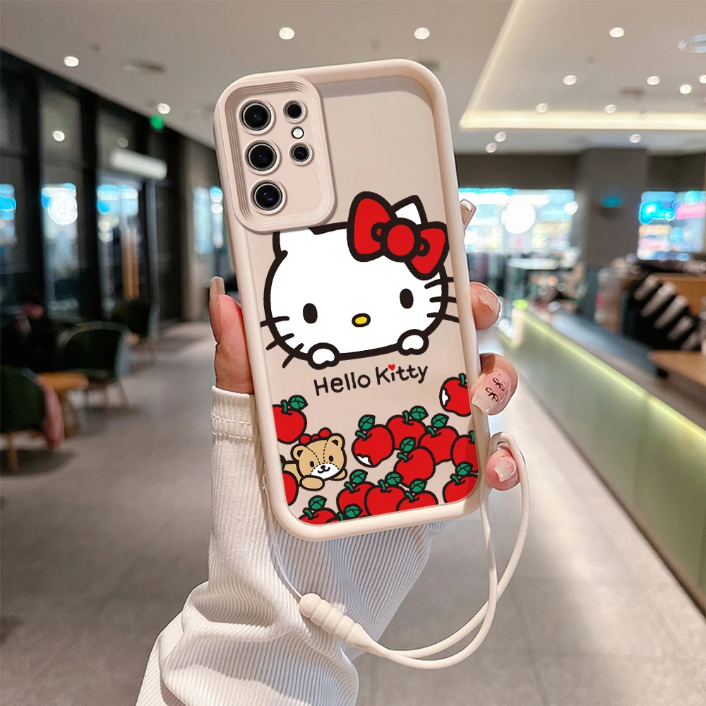 Cute Hello Kitty Red Apple Phone Case for OPPO A5 A7 A17 A38 A53 A54 A55 A58 A72 A74 A76 A78 A94 A98 4G 5G Cover With Hand Strap