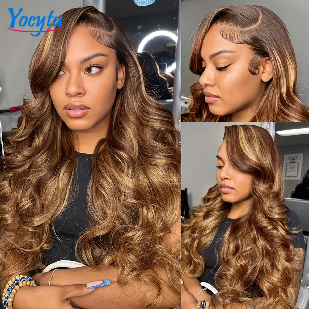 13X4 Highlight Perücke Echthaar 26 Zoll Körperwelle Echthaar Perücken 4/27 Honigblonde Echthaarperücke Ombre Braun gefärbte Echthaarperücken – Detail 8