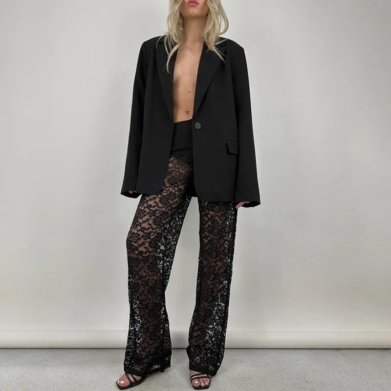 New sexy all-match lace see-through high waist splicing long casual Y2K straight trousers elegant and luxurious women's clothing