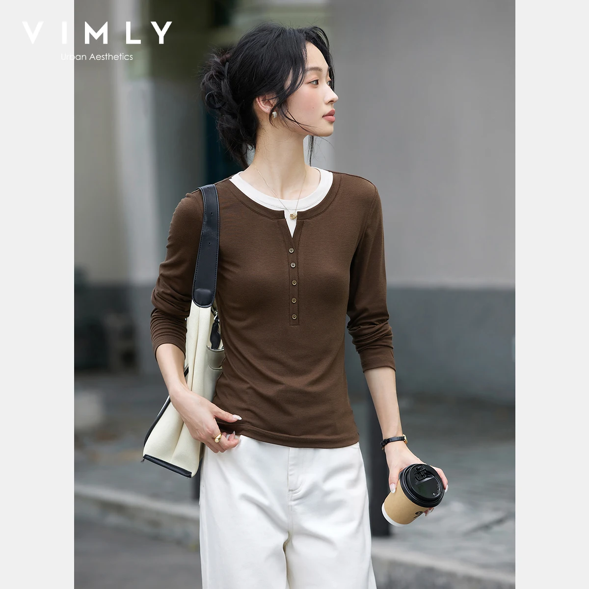 VIMLY Patchworkowe Koszulki 2 w 1 Jesień 2025 Codzienne Łączone Dopasowane Dzianinowe Bluzki z Długim Rękawem Okrągły Dekolt Elastyczne Damskie T-shirty A2173