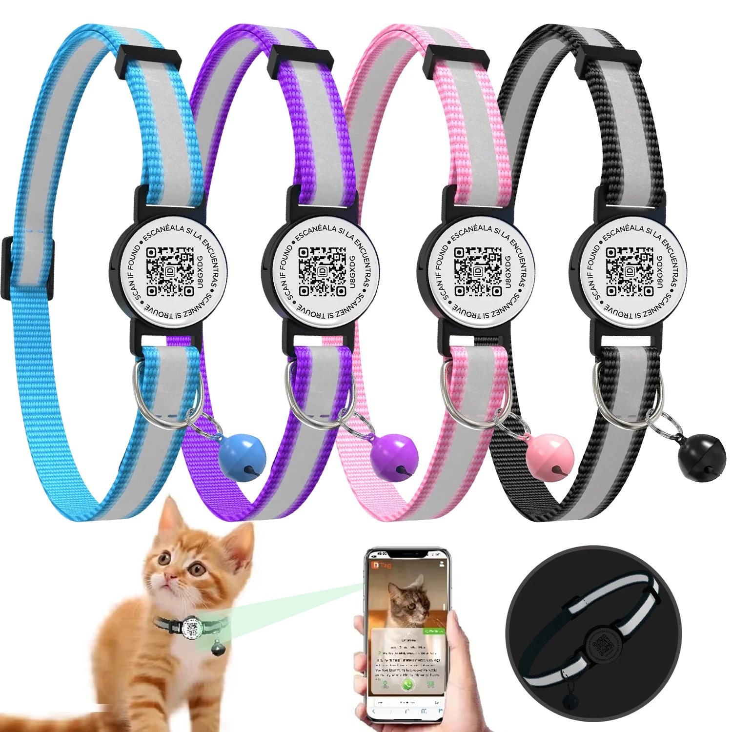 QR Code Pet Tag Cat Collar with qr code ID Tag,Puppy Cat Accessories Reflective Kitten Collars, Cat Tag, Safety Quick Release