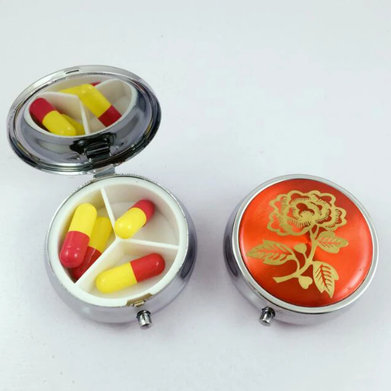 

1 шт., круглая металлическая маленькая коробка для хранения таблеток с 3 отделениями, уличный портативный мини-складной карманный держатель для капсул для таблеток, органайзер