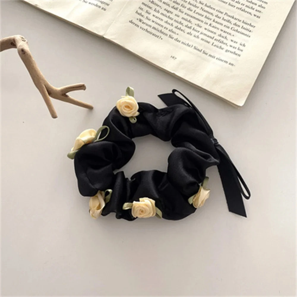 Anillo de pelo grande francés con rosas románticas 3D, lazos de cuerda para el cabello, bandas de flores Vintage para niñas, accesorios para el cabello para mujeres