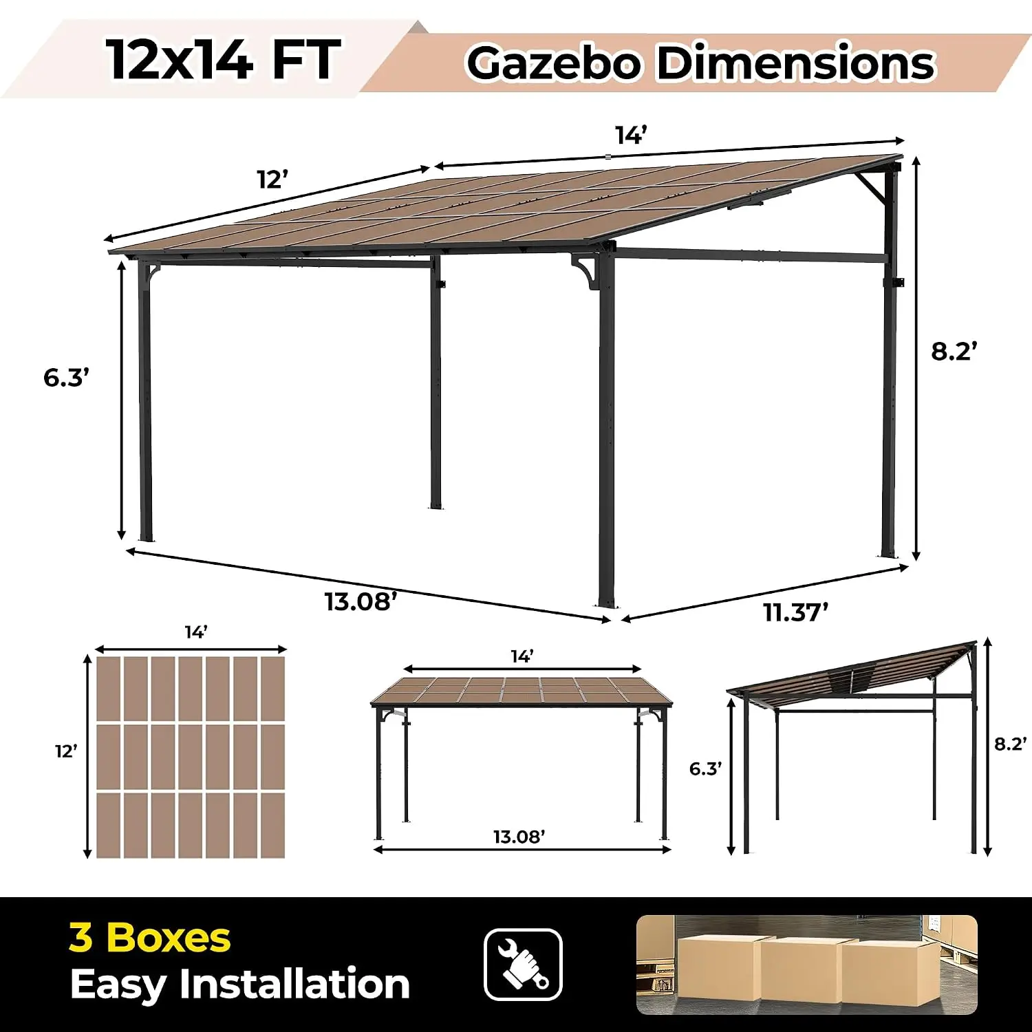 12’ x 14’ Gazebo Pergola Awnings for Patio, Wall Mounted Gazebos Pergola on Clearance with Metal Frame, Lean to, Customized