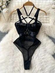 Women Sexy Fashion Bodysuits Lingerie Sleepwear Hollow Combination Catsuits Slim Intimate Erotic Mesh Strappy Rompers Cosplay