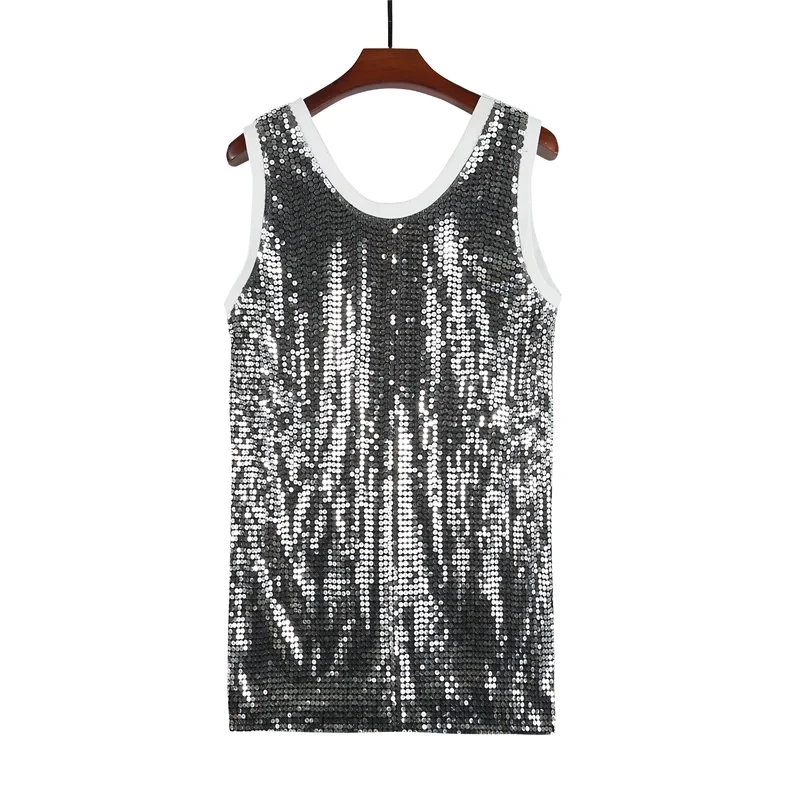 Summer New Digit Letter Sleeveless Sequins Streetwear T-Shirt Loose Round Neck Hip Hop Straight Night Club Fashion Vest Women's