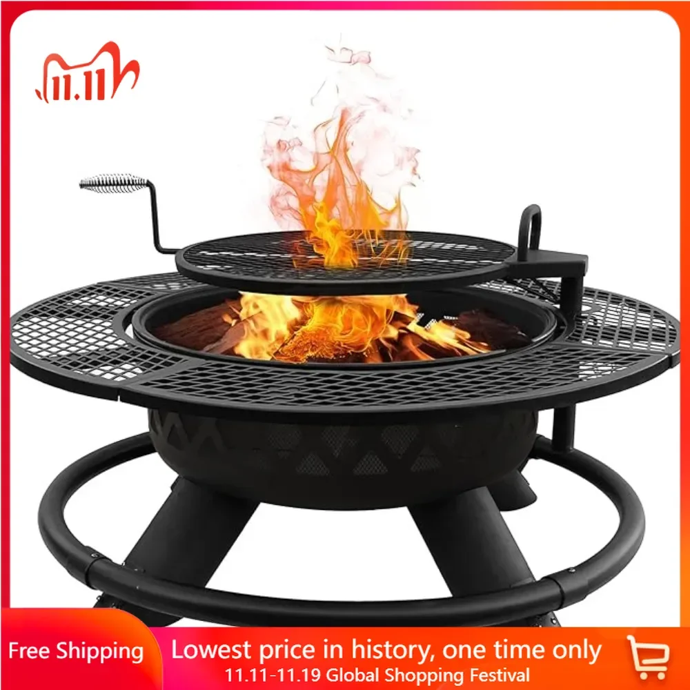 

47" Fire Pit Table with Adjustable Grill Top, Safety Ring, Cooking Grate, Steel Wood Burning Fire Pit Table