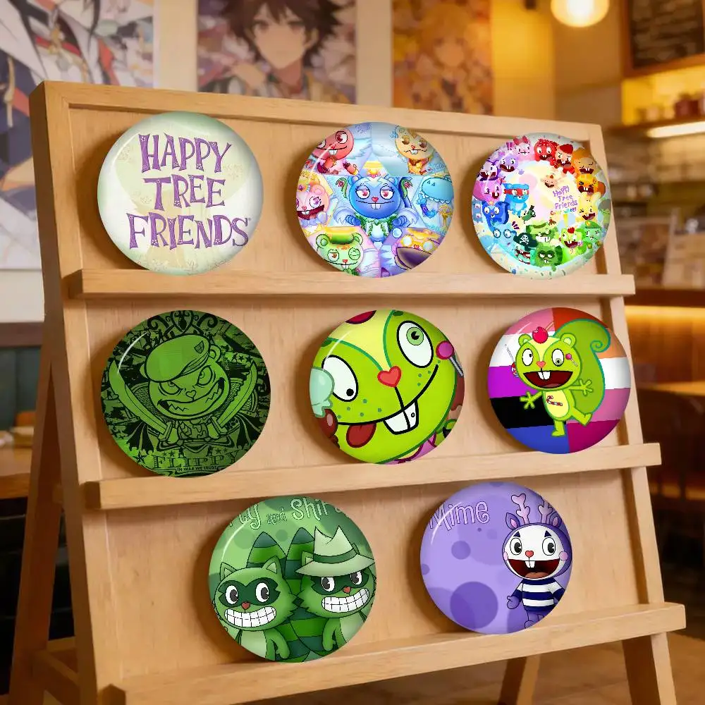 Anmie A-Happy Tree Friends-S   Cartoon Brooches Anime Badge Round Handmade Brooch Lapel Pins Jewelry For Backpack Clothes Gifts