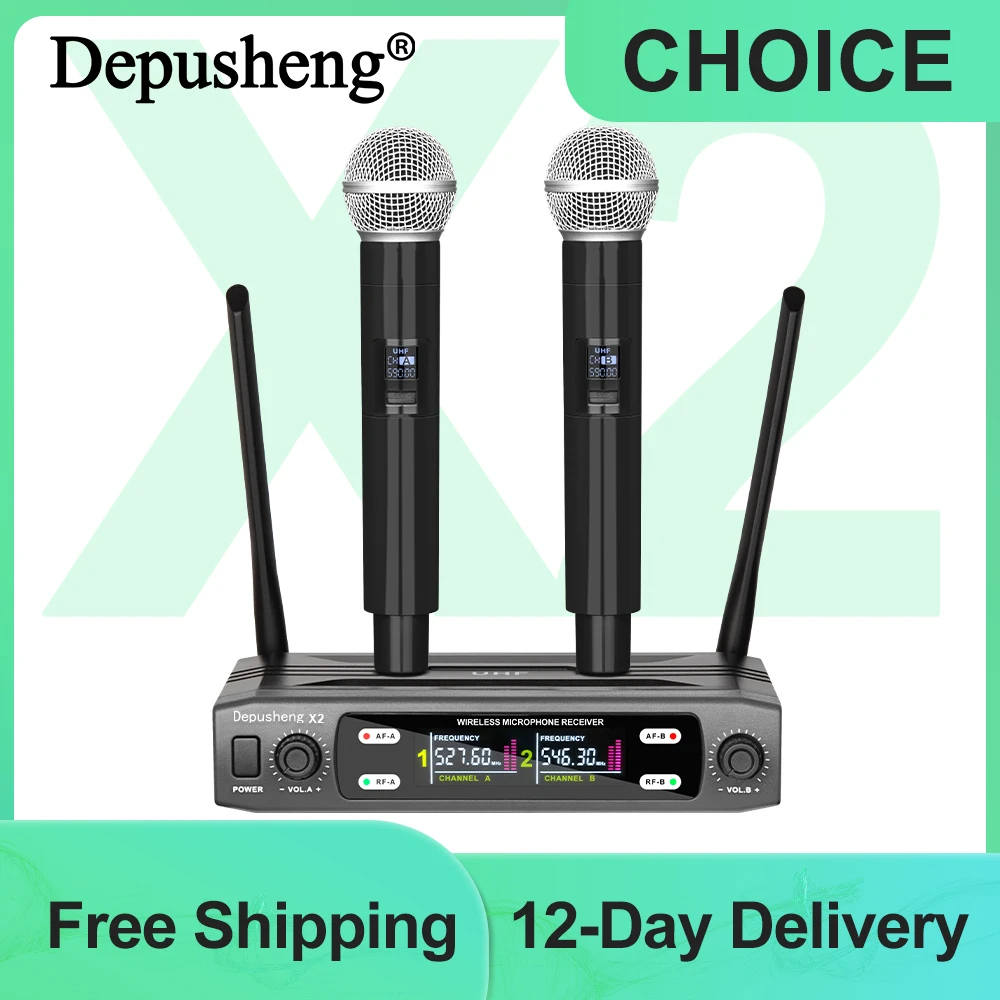 Depusheng X2 Wireless Microphone Handheld Dual Channels UHF Fixed Dynamic Mic For Karaoke Wedding Party Band Show Church