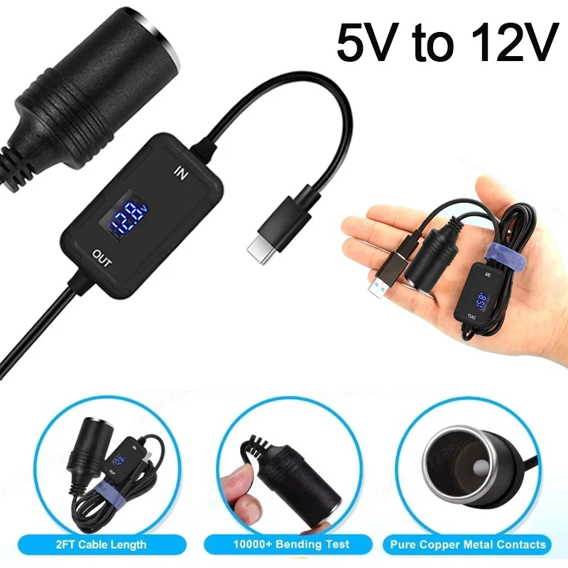 5V to 12V Type-C to Cigarette Lighter Female Socket Adjustable Voltage Converter Power Adapter PD Cable Extender Car Accessories