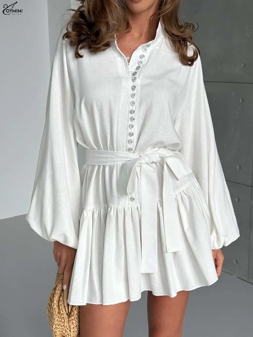 فستان نسائي أنيق بياقة مدورة باللون الأبيض من Oymimi فساتين أنيقة بأكمام منتفخة وصدر واحد برباط فساتين قصيرة غير رسمية بطيات