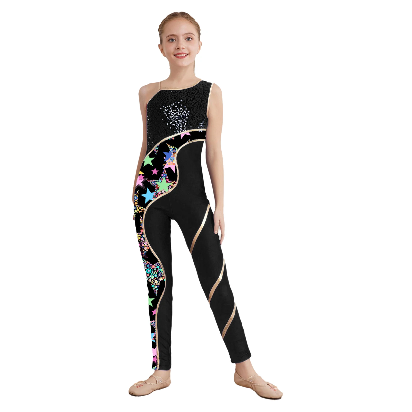 Bambini Ragazze Ginnastica Balletto Danza Body Tuta Singola Manica Lunga Vibrazione Stampa Paillettes Maglia Atletica Body Costumi