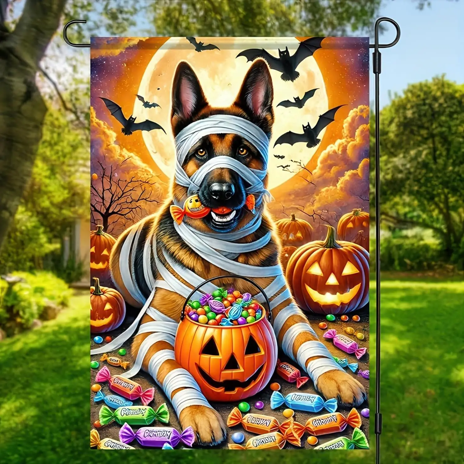 Halloween Garden Flag for Outside 12x18 Double Sided, Pumpkin German Shepherd Garden Flag Halloween Decorations for Home Out KZA