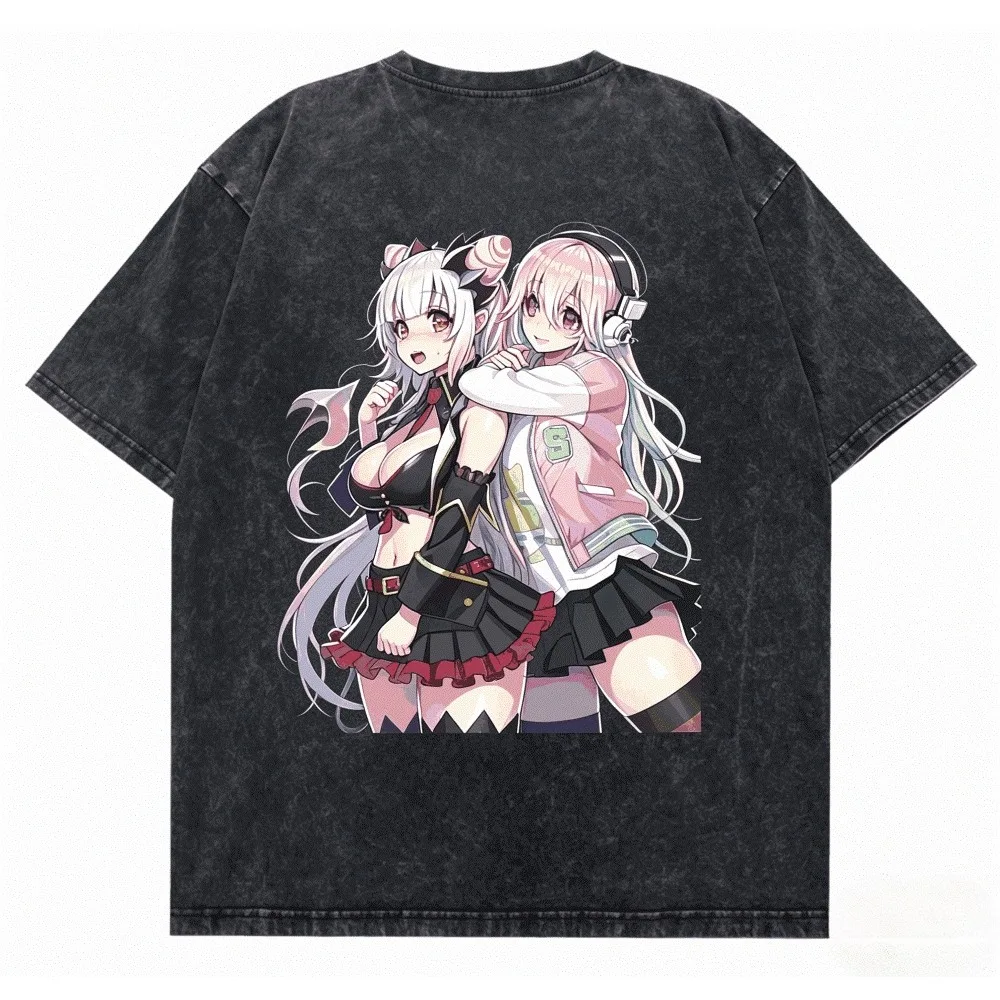 Super Sonico Anime T-shirt Vintage Washed Y2K Aesthetic Unisex Oversized Short Sleeve Summer Cotton Retro Streetwear Hot Sale