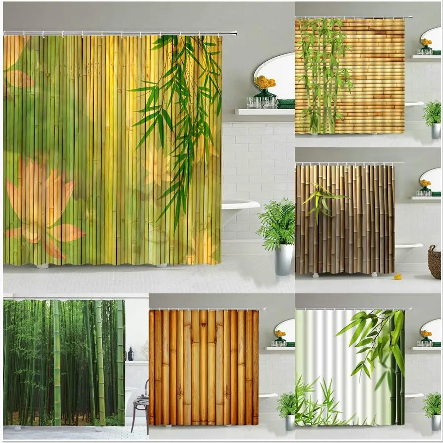 Yellow Green Bamboo Lotus Shower Curtain Bathroom Curtains Plant Flower Natural Scenery Fabric Background Wall Decor Screen Hook