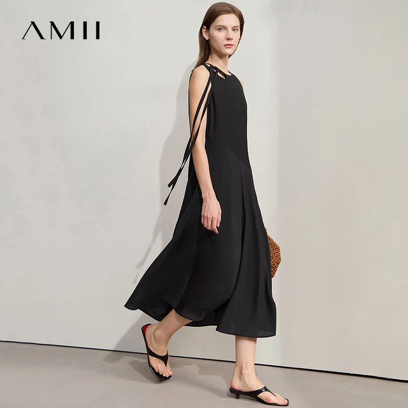 Amii Minimalist Vocation Dress Women 2025 Summer New Office Lady Elegant Tie Sleeveless Comfort Pleat Long Dresses 12542120