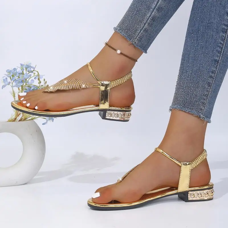 Glänzende Gold-Strass-Blätter Flip-Flops für Damen – Sommer 2026 Kristall-Absatz-Zehensteg-Sandalen mit elastischem Band – Detail 6