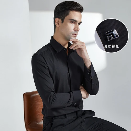 Imagen 2 del producto Camisa con gemelos franceses para hombre, manga larga, corte ajustado, botones ocultos, color sólido, vestido de novia de alta gama, formal