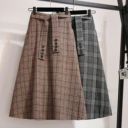 Koreaanse Wollen Geruite Rok Vrouwen 2024 Herfst Winter Vintage Elastische Hoge Taille Rok Vrouw Met Riem A-Lijn Slanke Pasvorm Lange Rokken