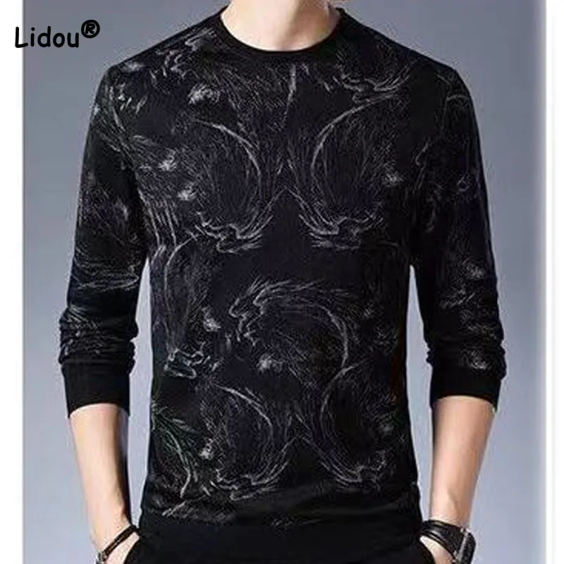 Autumn Winter Men's Trend Thickening Printed Pullovers Tops Long Sleeve Fashionable Handsome Round Neck T-shirt Male Clothes