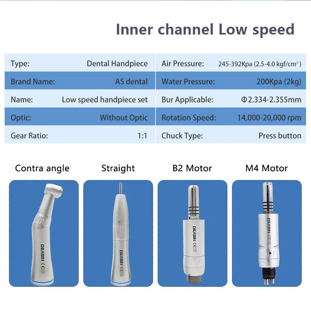 DEASIN Dental Inner Water Spray 1:1 Low Speed Turbine E- generator Contra Angle Blue ring Air motor Low speed handpiece
