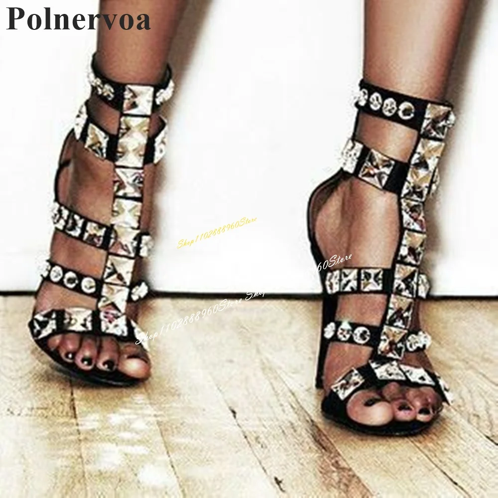 

Bling Black T Strap Crystal Platform Sandals Stilettos High Heel Shoes For Women Back Zipper Open Toe Gorgeous Women Sandals