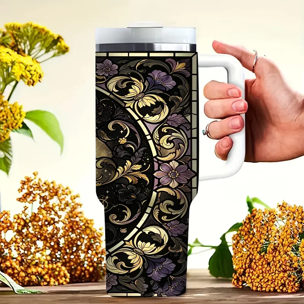 40oz Tumbler with Handle, Vintage Witch Purple Floral Pattern Print, Perfect for Witch Art Lovers, Ideal for Halloween Use, Suitable for Daily Outdoor Activities, Holds Both Hot And Cold Drinks