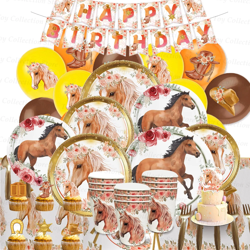 Horse Flower Party Supplies Beautiful Tableware Knight Racing Wild Horse Boy Girls Birthday Decoration Flag Tablecloth Paper Cup