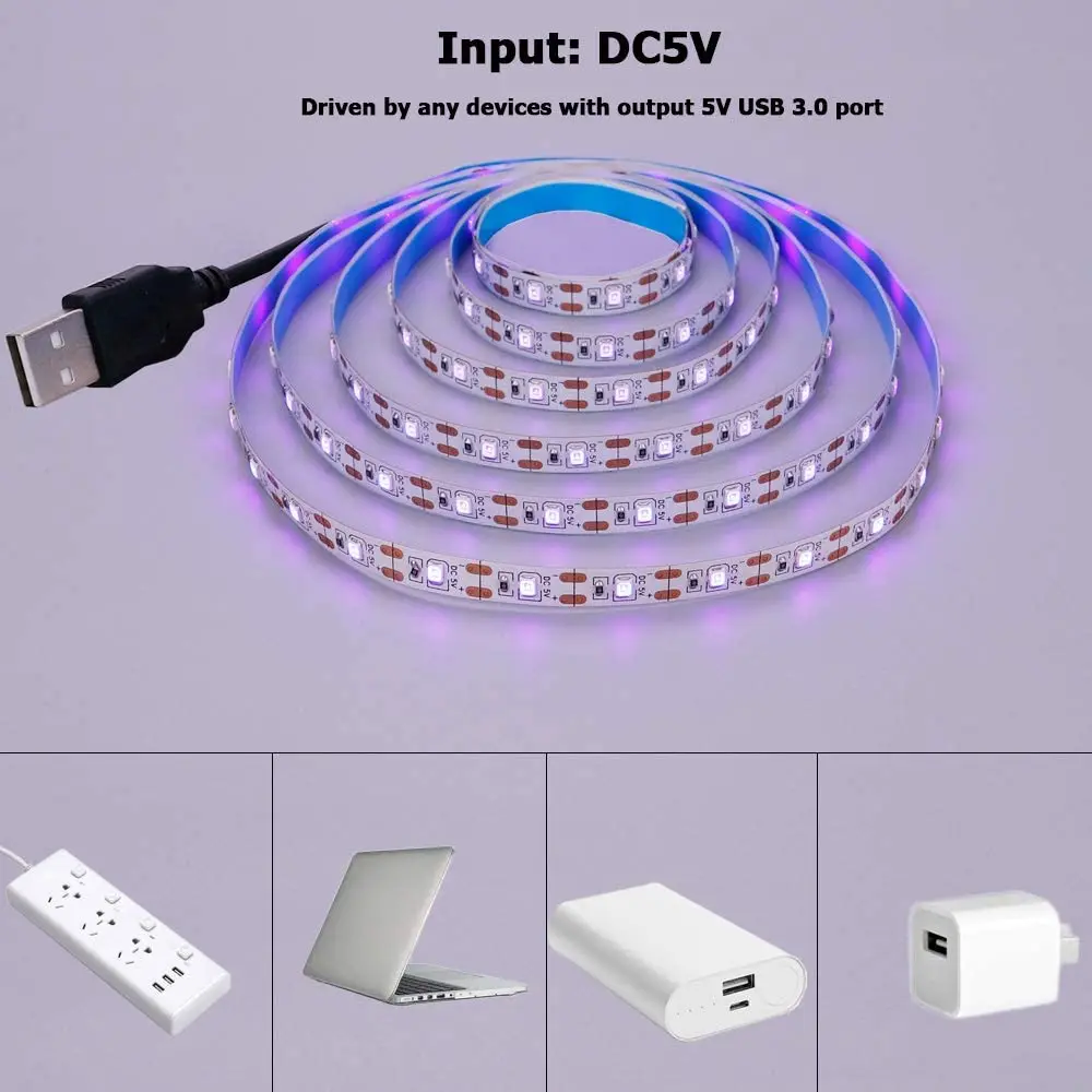 

1m/2m/3m/4m/5m USB DC5V UV Led Strip 5050 SMD 60leds/m 395-405nm Purple Ribbon Ultraviolet USB Rope Tape for DJ Fluorescence