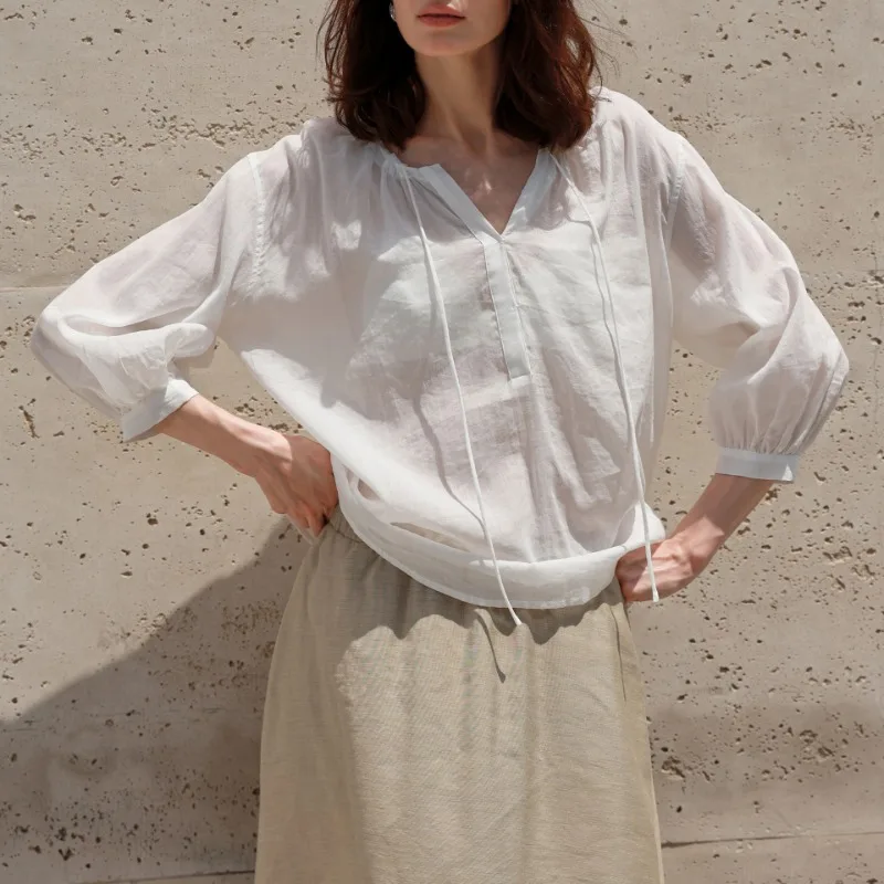 Women's Ramie Blouse Summer New Style Nine-quarter Sleeve V-neck Drawstring Light Shirts Holiday Beach Casual Loose Chic Tops