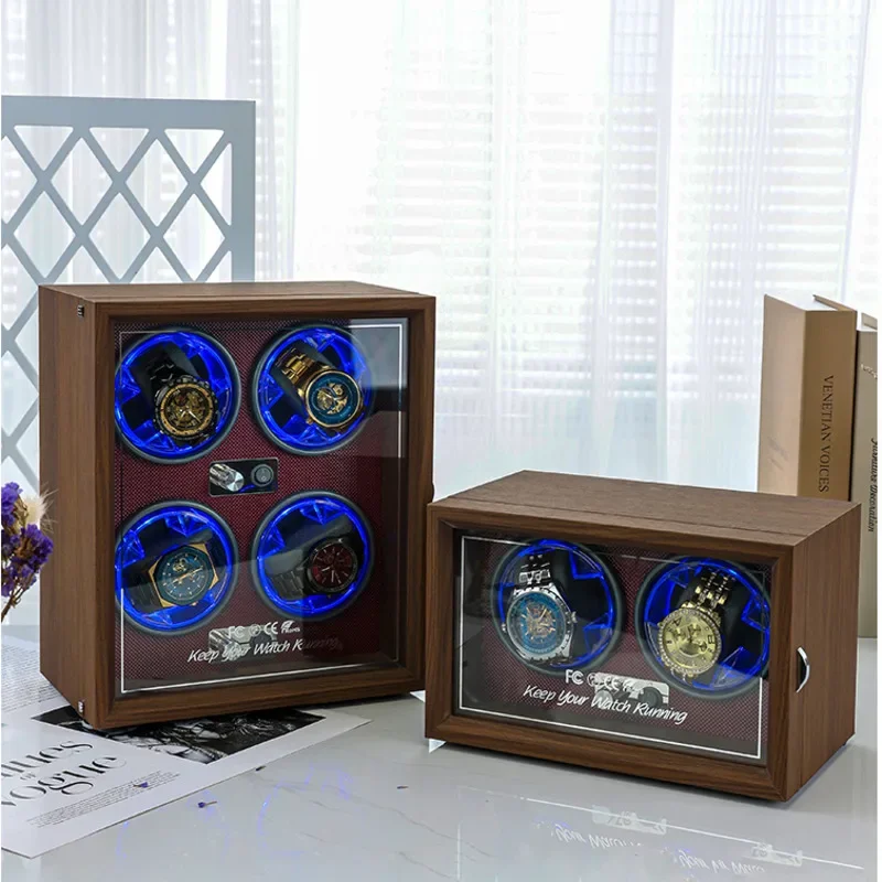 

Tanyun Zhiyuan-High-End Automatic Watch Winder, Leather Chain Box, 4 Position Diamond Blue Motor Display, Black Walnut