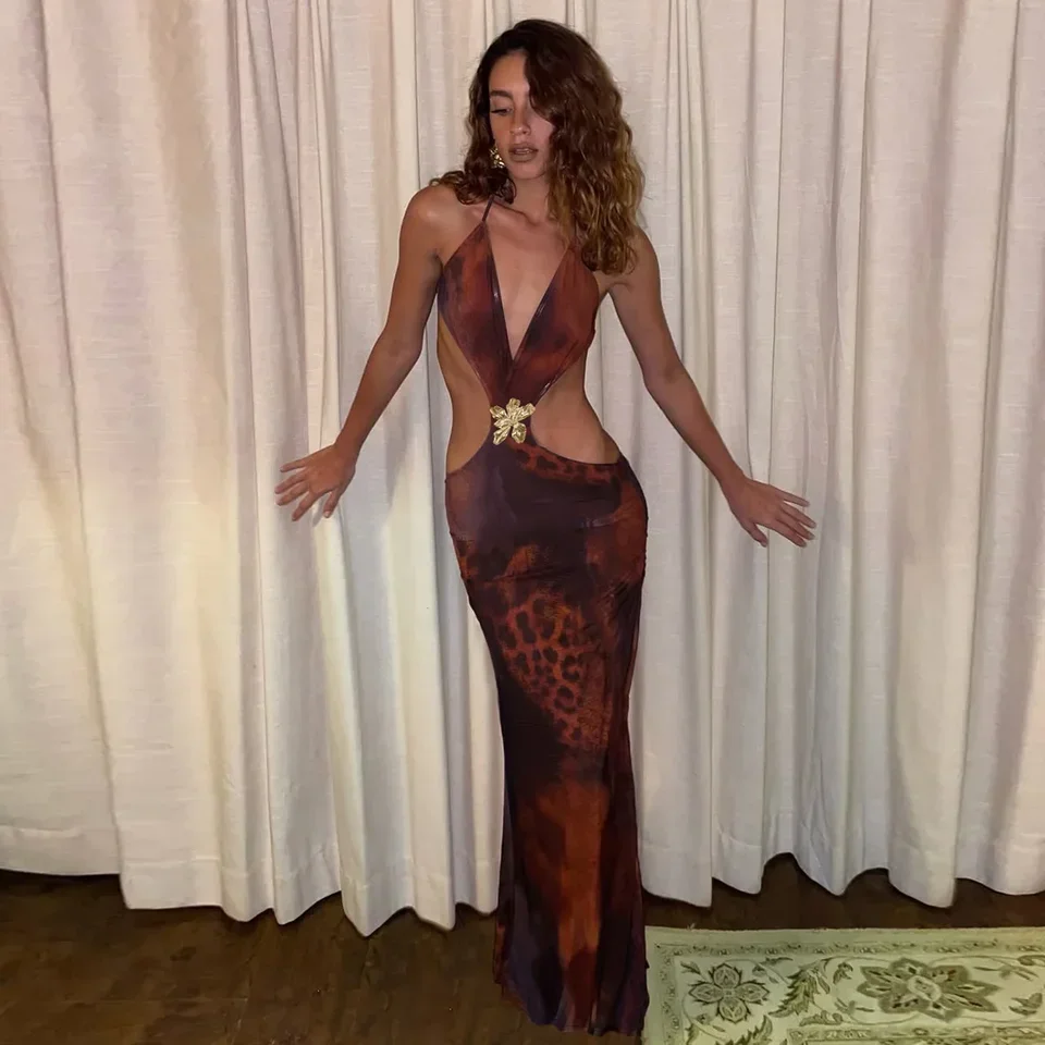 Sexy Waist Cut Out Long Dress Women Fashion Halter Backless Slim Holiday Party Dresses Fashion Print High Split Beach Dress 2025
