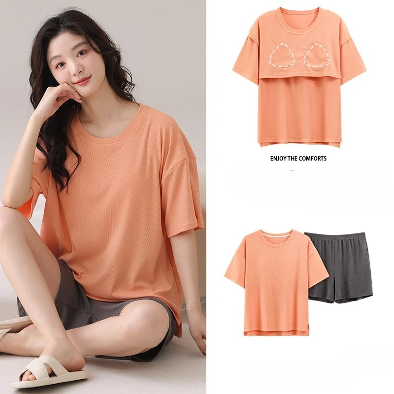 New Summer Pajama Women's Ice Silk Short-sleeved Shorts Set with Chest Pads Anti-protrusion Dots Solid-color Casual Home Wear