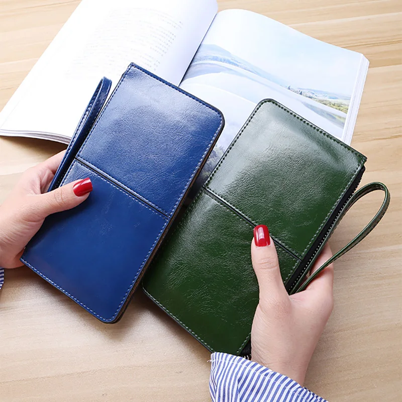 Women's Vintage Oil Wax Leather Zipper Handbag Bank Large Capacity Zero Wallet  Wrist Strap Simple Name Bag Card Holders Wallets
