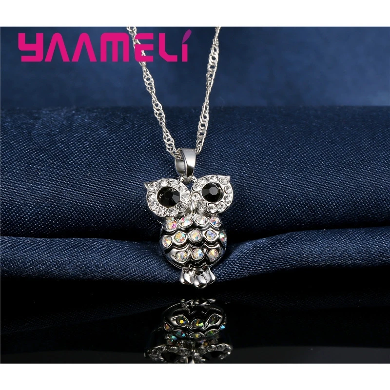 Luxury 925 Sterling Silver Women Jewelry Sets Shining Cubic Zircon Retro Night Owl for Girls Gifts Necklace Earrings