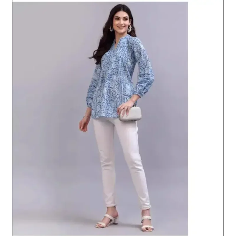 Ropa tradicional india para mujer, Top de algodón puro con cuello en V estampado de estilo étnico