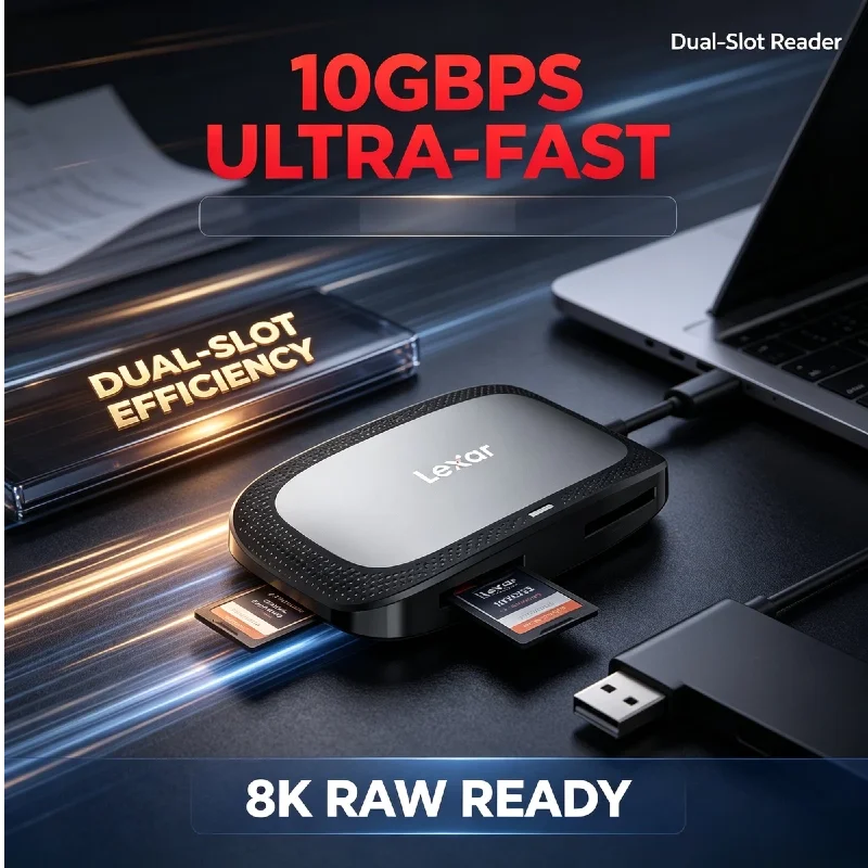 USB3.2 Gen2 10Gbps Lexar Dual Slot Reader CFexpress Type A SD UHS-II 900MB/s Read 8K Video Storage For Pro Photographer