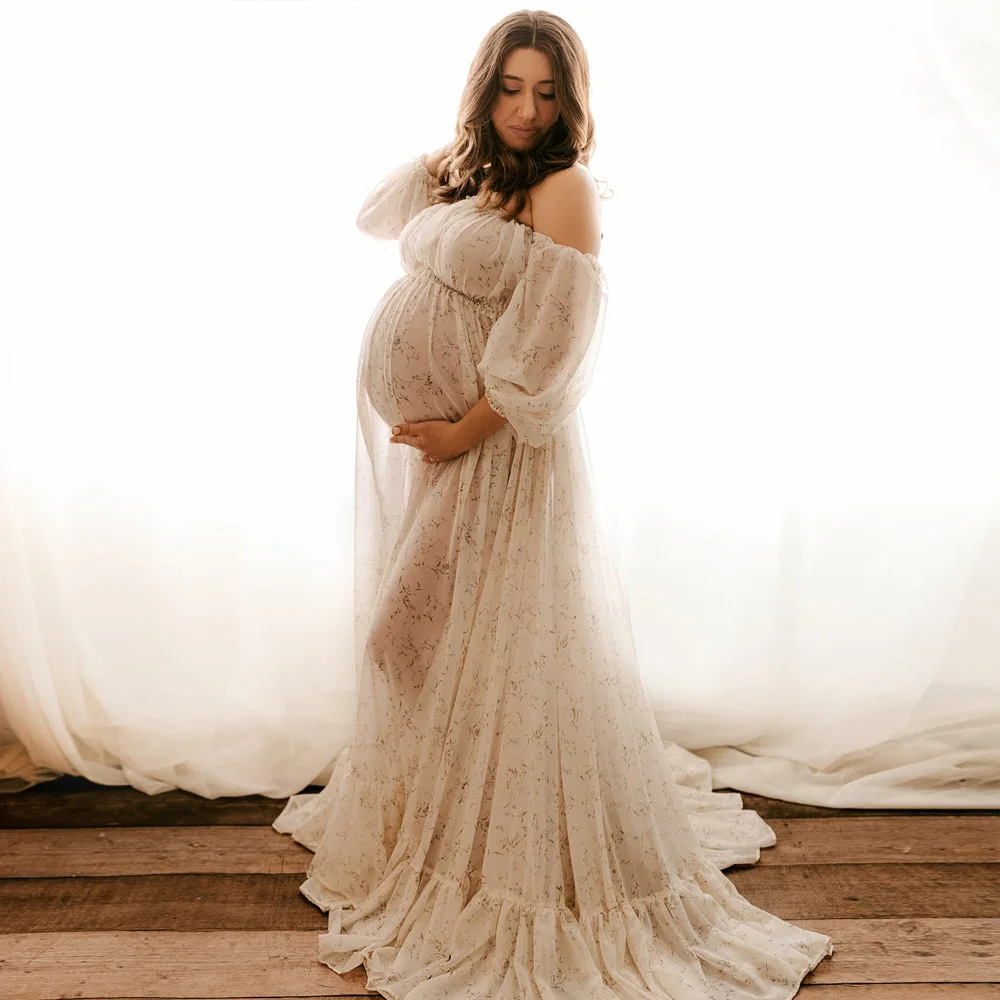Plissierte Bedruckte Chiffon-Umstandskleider Babyshower-Kleid Fotoshooting Off-Shoulder Sexy Leicht Transparentes Rüschenkleid