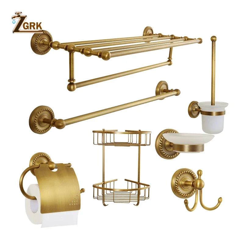 Solid Brass Bathroom Hardware Sets Antique Bronze Bath Towel Rack Cup Holder Goods Shelf Home Bathroom Accessories Set