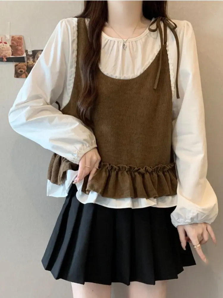 

Французская теплая повседневная блузка с круглым вырезом и длинными рукавами, с мягким воротником, для женщин больших размеров, весенняя коллекция, дизайнерская модель