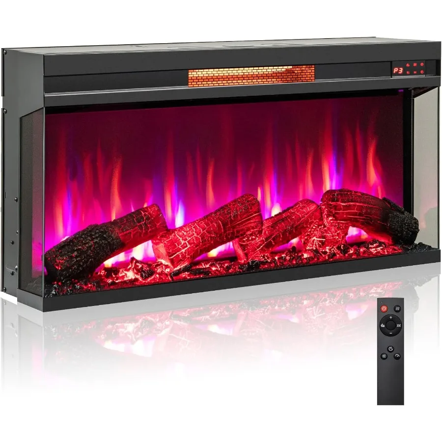 36 مدفأة كهربائية إدراج 3-Sided عرض مدفأة زجاجية مع 7 ألوان لهب عن بعد 9H الموقت ترموستات داخلي راحة F
