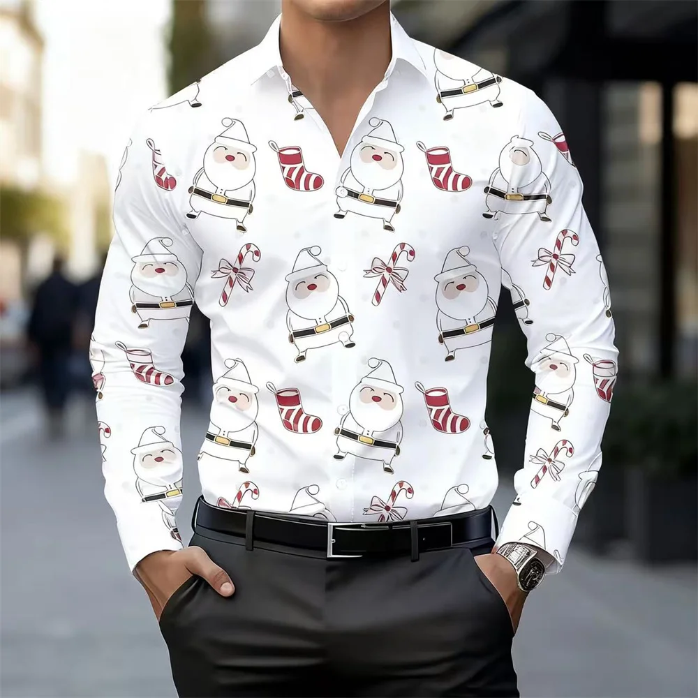 13-color men's Christmas print shirt with Santa Claus and candy cane design, breathable and casual long-sleeved lapel shirt