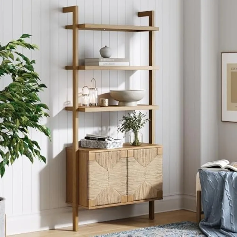 

Beacon 3-Shelf Solid Wood Bookshelf with Storage Cabinet, Bohemian Wall Mounted Shelf with Seagrass Door Fronts