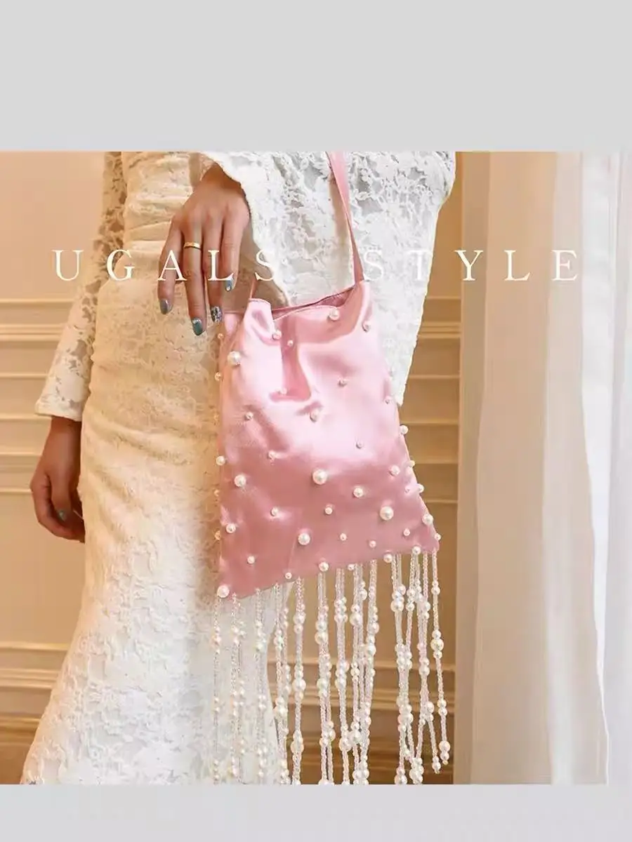 

Fashion Beads Tassel Hobo Bag Pearl Beading Handmade Women Handbag Luxury Satin Clutch Purse Wedding Party Banquet Evening Bag