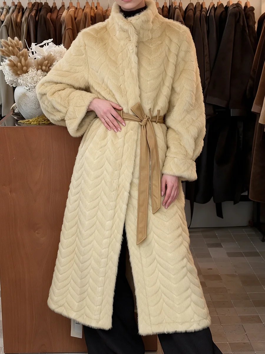 Women Stand Collar Faux Fur Long Coat Beige Chevron Texture With Belt Luxury Warm Winter Elegant Plush Outerwear