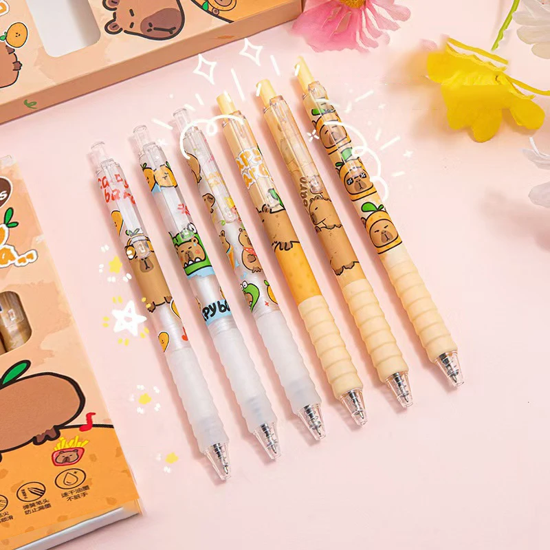 6Pcs Cute Capybara Gel Pen Writing Smooth Quick-Drying Black Ink Writing Soft Pen Grip School Supplies Aesthetic Pens Stationery