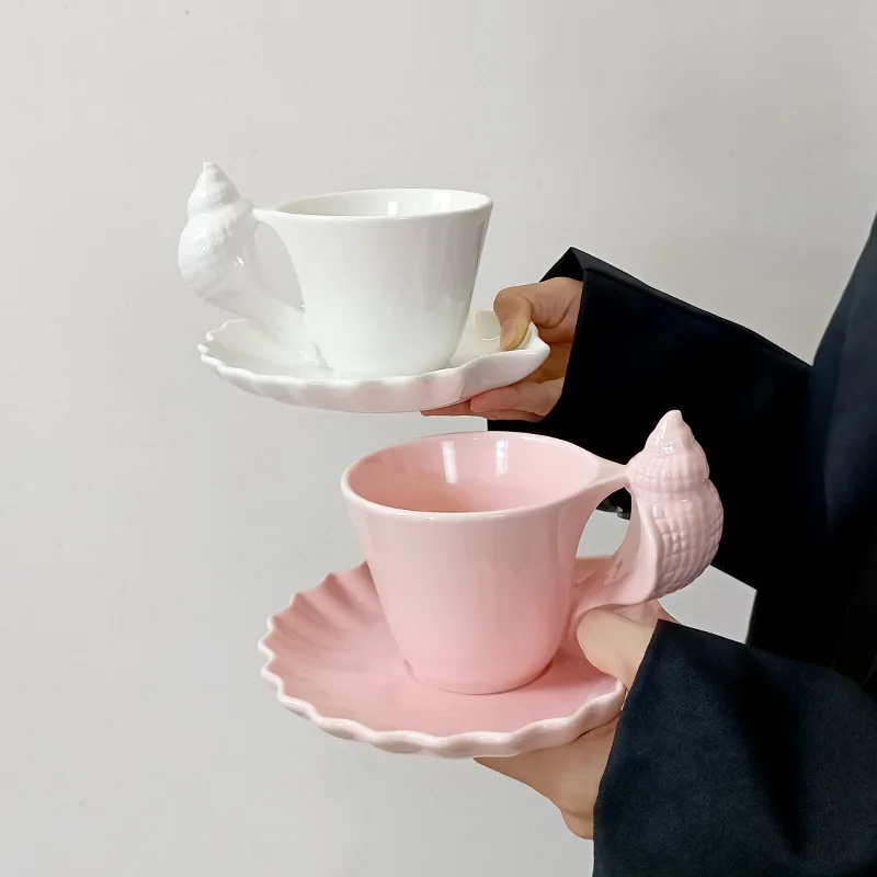 Creative Pink Sea Conch Ceramic Coffee Cup and Saucer Restaurant Shop Tea Cup Tableware Embossed Shell Mug Breakfast Milk Cup