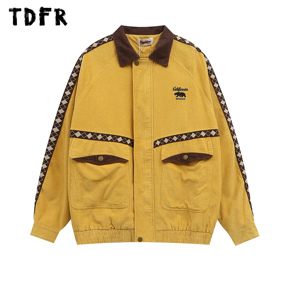 Spliced Corduroy Cargo Jacket Mens Pocket Embroidery Retro Streetwear Autumn Winter Lapel Long Sleeve Outerwear Men