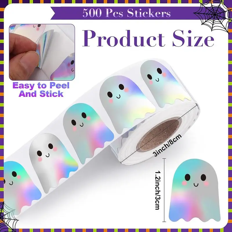 500pc Holographic Ghost Stickers Roll Cute Boo Sparkly Self‑Adhesive Decals Halloween Party Favor Envelope Decor Stickers
