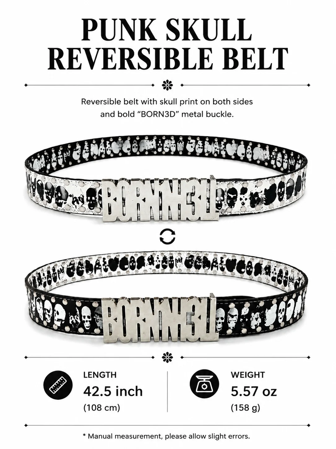 Vintage Punk Skull Belt with Reversible Design, Black White Skull Print Waist Belt, Bold Metal Buckle Street Style Fashion Acces
